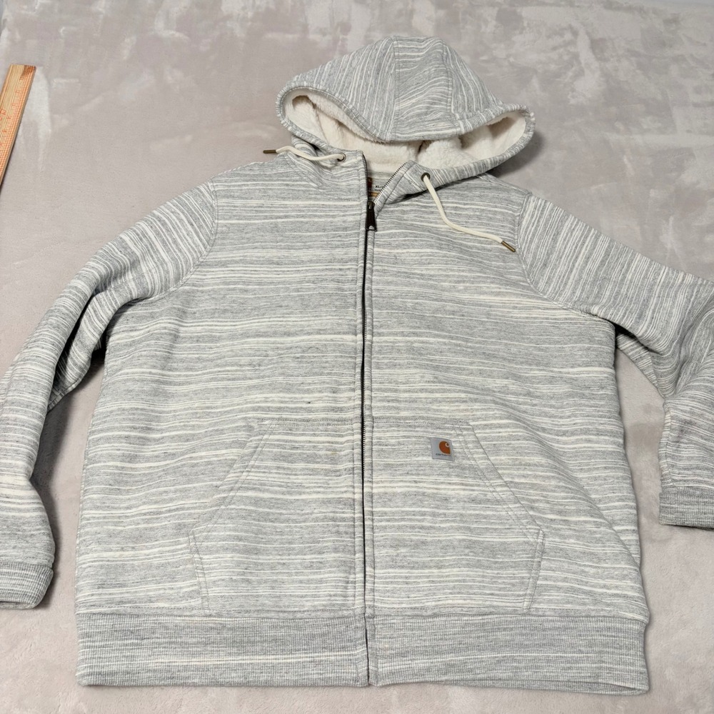 Carhartt Sherpa Lined Full Zip Hoodie Women Grey Size XL Relaxed Fit Striped
